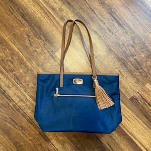 ♥️💖 Michael Kors Brown Leather Blue Canvas Tote Bag w/ Added Removable Tassel